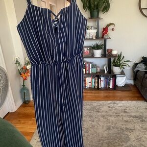 Sienna Sky Navy and White Striped Jumpsuit